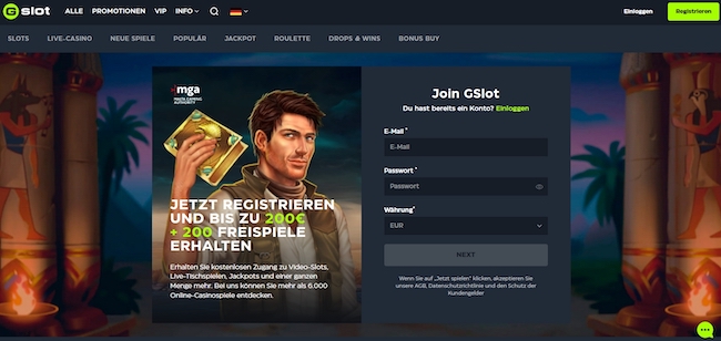 GSlot Casino Webseite