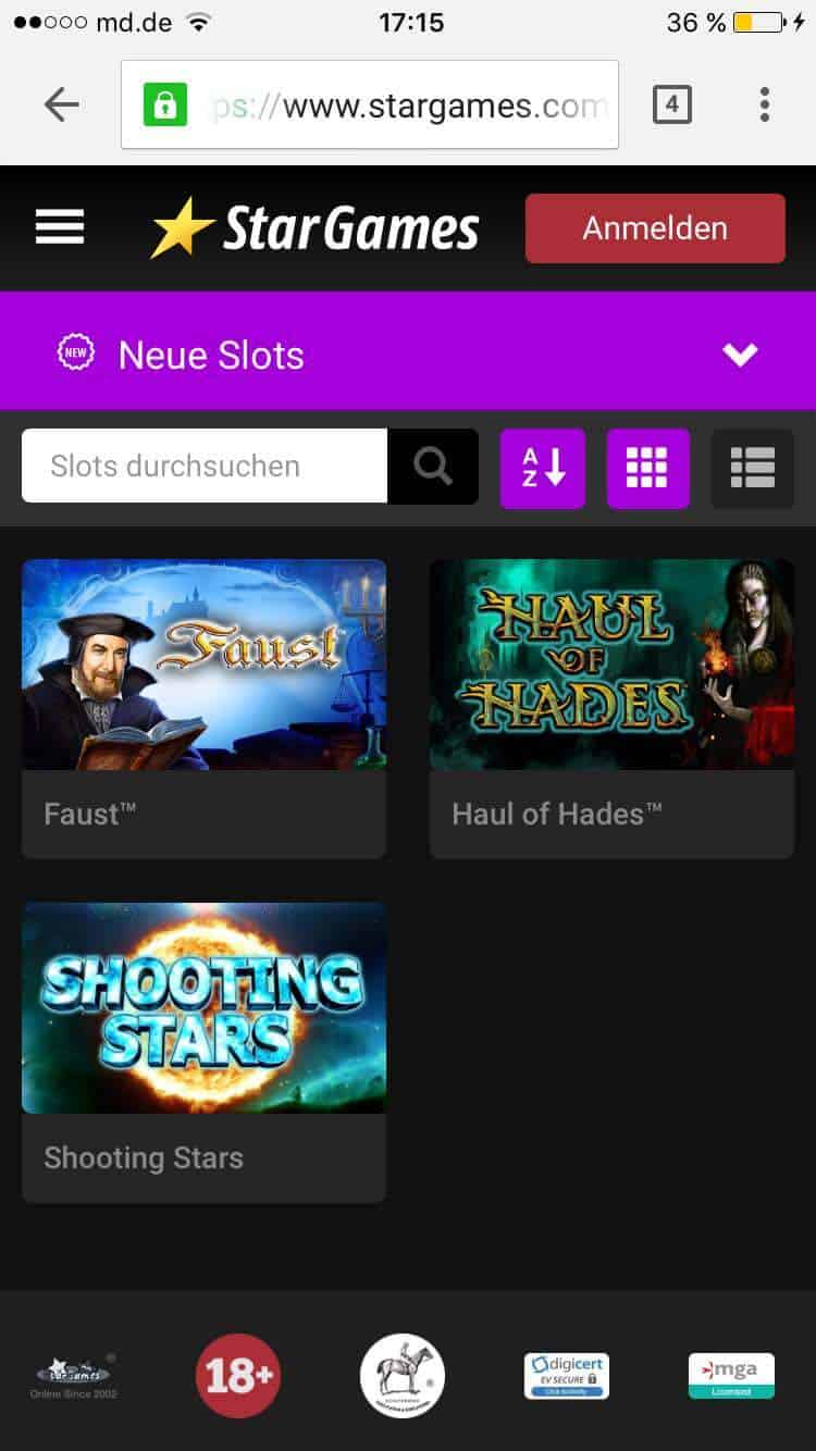 Stargames mobile Slotansicht